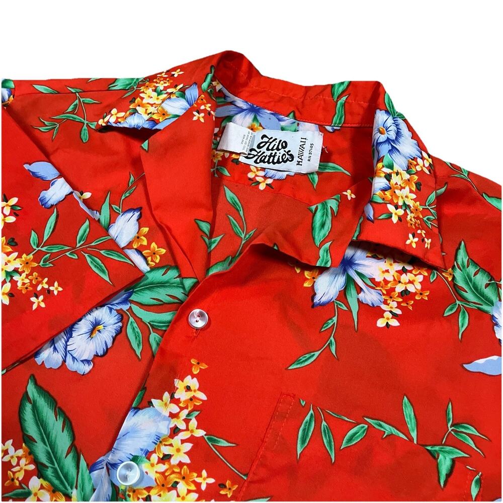 Vintage Hilo Hattie Shirt Hawaiian 70s Red Floral Button Up Short Sleeve Large